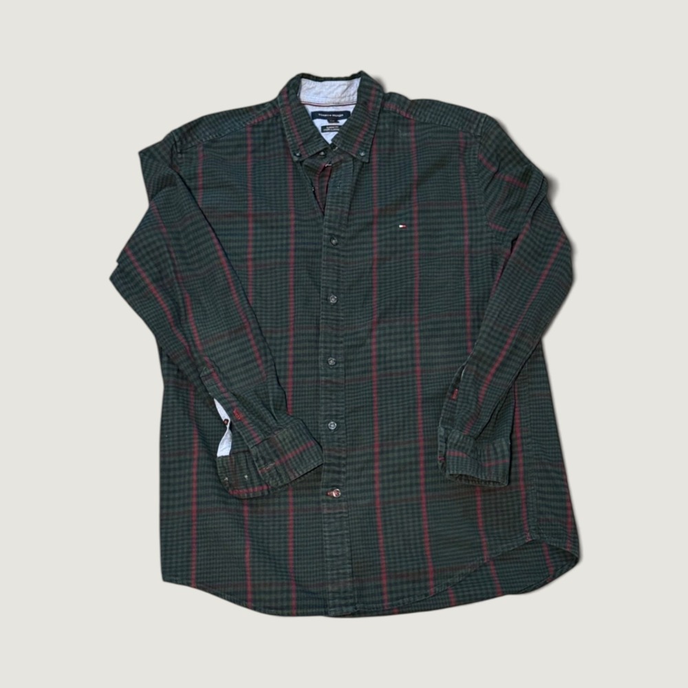 Tommy Hilfiger Mens L Flannel Shirt Green Plaid Classic Fit Button Down